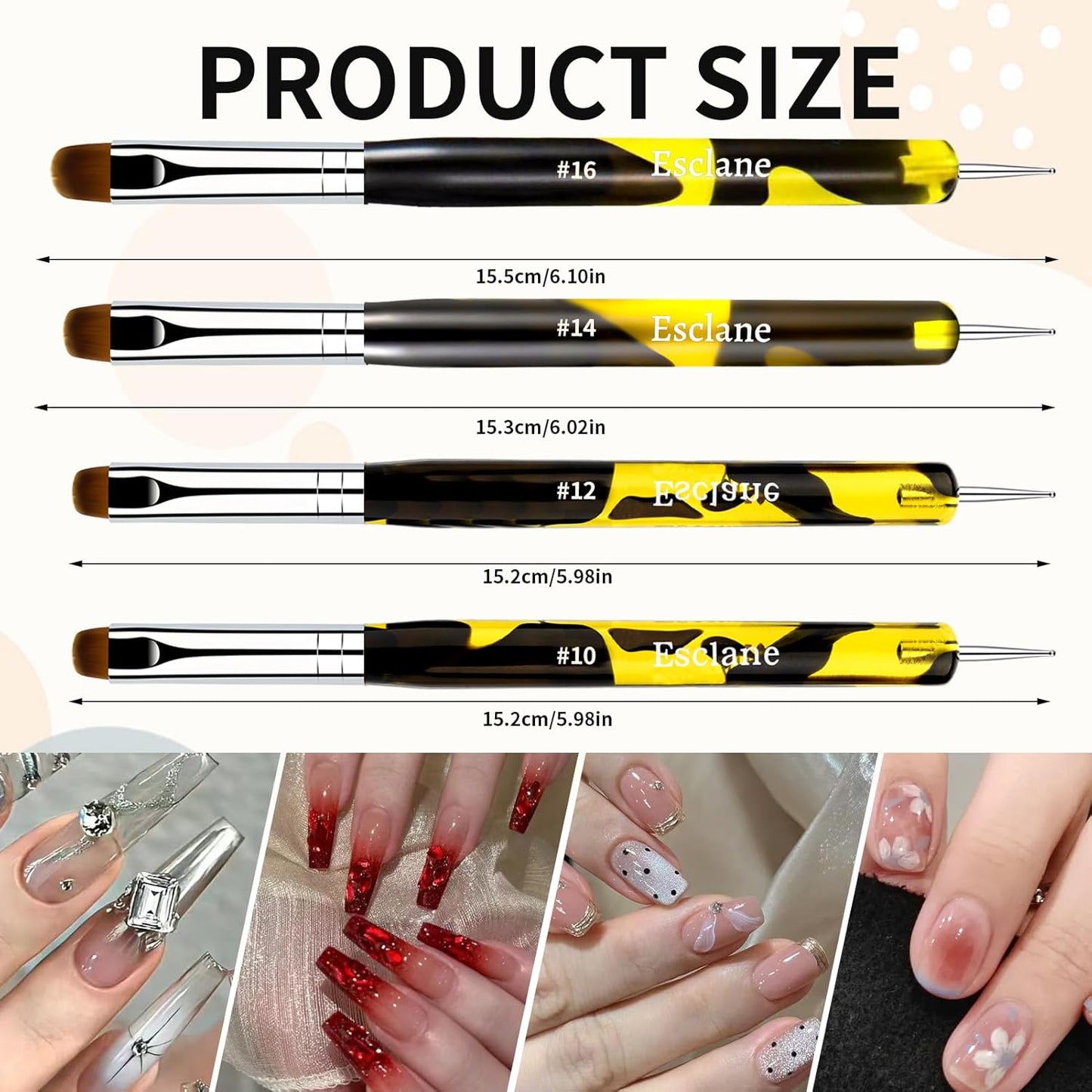 French Manicure Brush, Esclane 2 Way French Nail Brush with Dotting Tool for Manicure Cuticle Clean Up Nail Art Design, French Tip Brush (Yellow, #10)