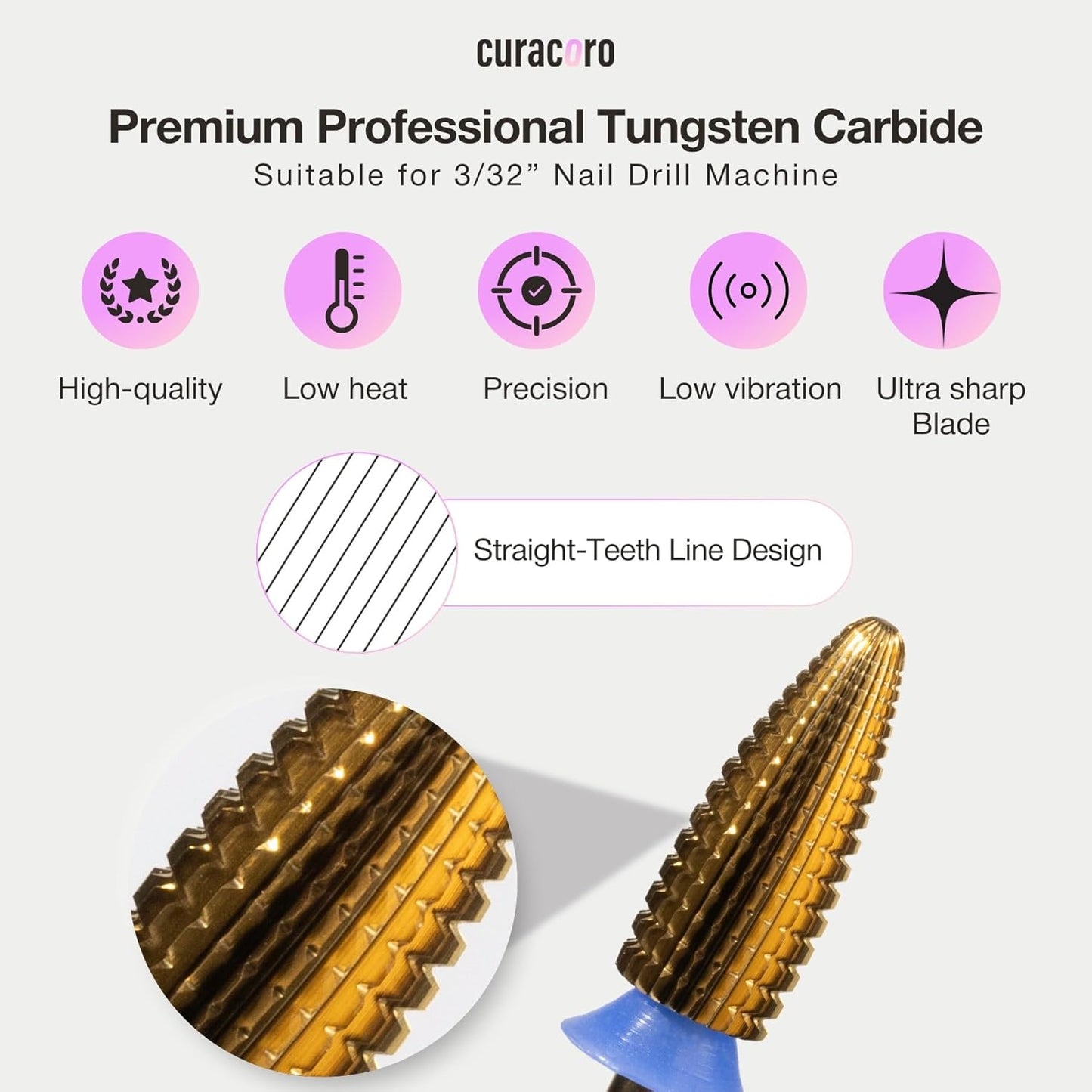 Curacoro Nail Drill Bits 3/32'' - Typhoon Bits, 2 Way, Carbide Bit (Medium) for Professional Finish, Fast Remove, Refine & Smooth Acrylic or Gel Nails, Precise & Easy Control, Nail Art Salon & Home