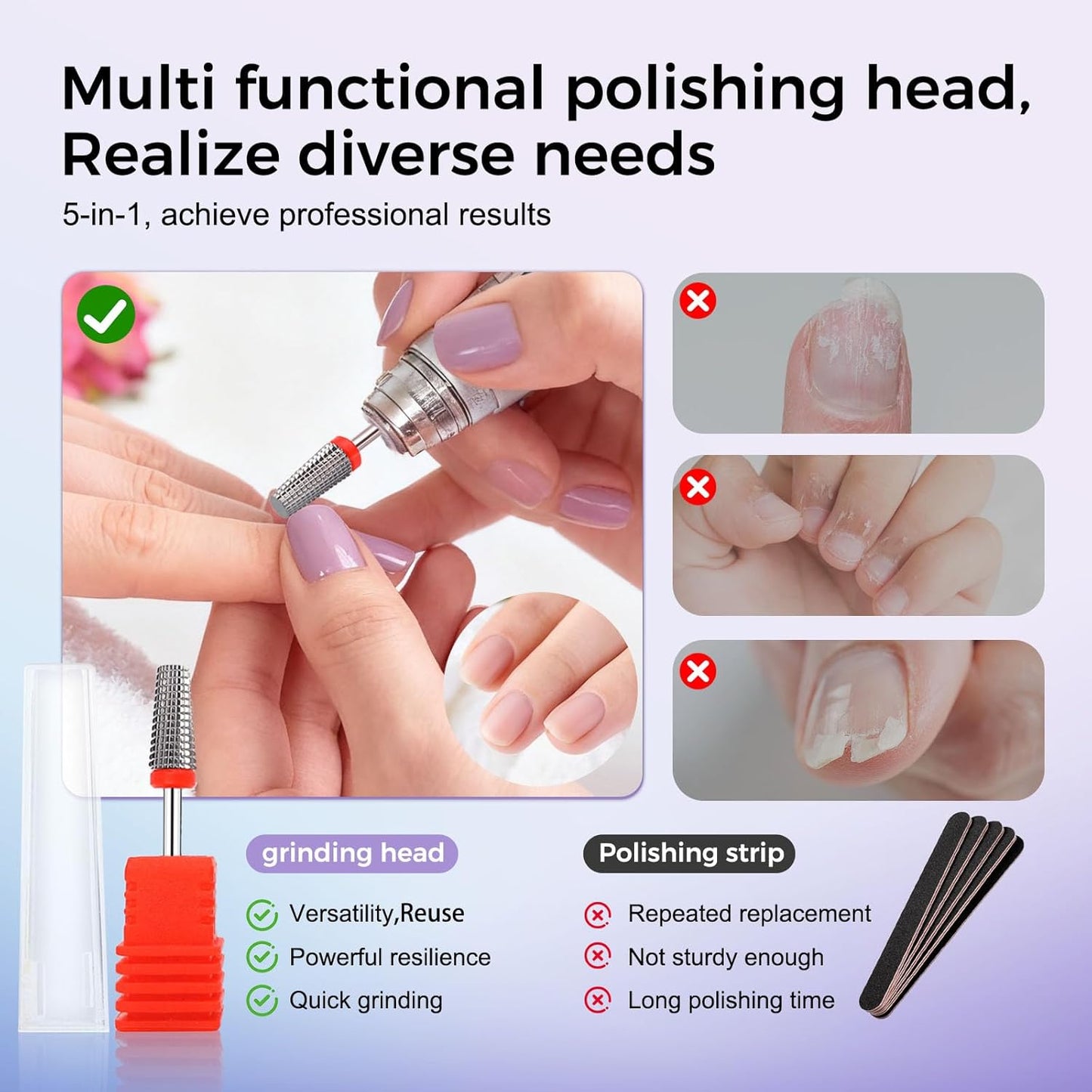 Fantexy 5 in 1 Nail Drill Bits,Professional 3/32" Shank Tungsten Steel Bits for Acrylic Nails,Manicure,Nail Art,Drill Machine,Both Left and Right Handed - Two Way Rotate Use (Fine - F)