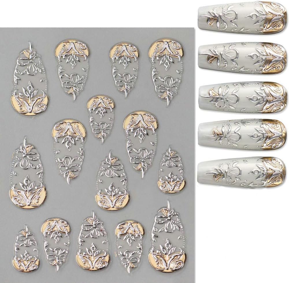 4 Sheets Gold Flower Nail Art Stickers, 5D Embossed Acrylic Decals French Carving Floral Heart Tree Self-Adhesive Nail Art Supplies for Women Girls Designs DIY Manicure Decoration