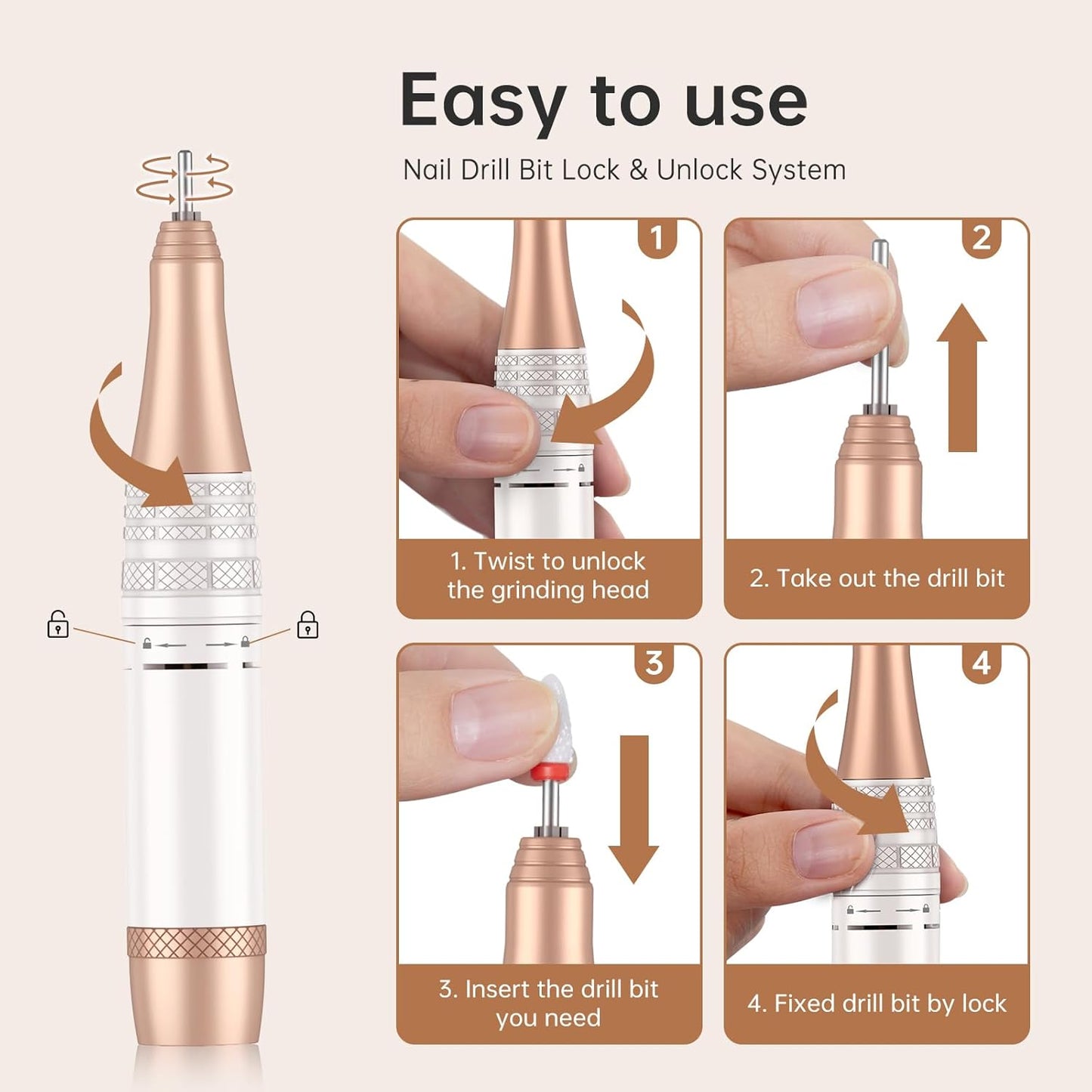 Electric Nail Drill,40000RPM Cordless Nail File Diamond with 12 Drill Bits for Acrylic Nails Gel Polishing,E File Nail Kit Machine for Manicure Salon Home (Pink Diamond)