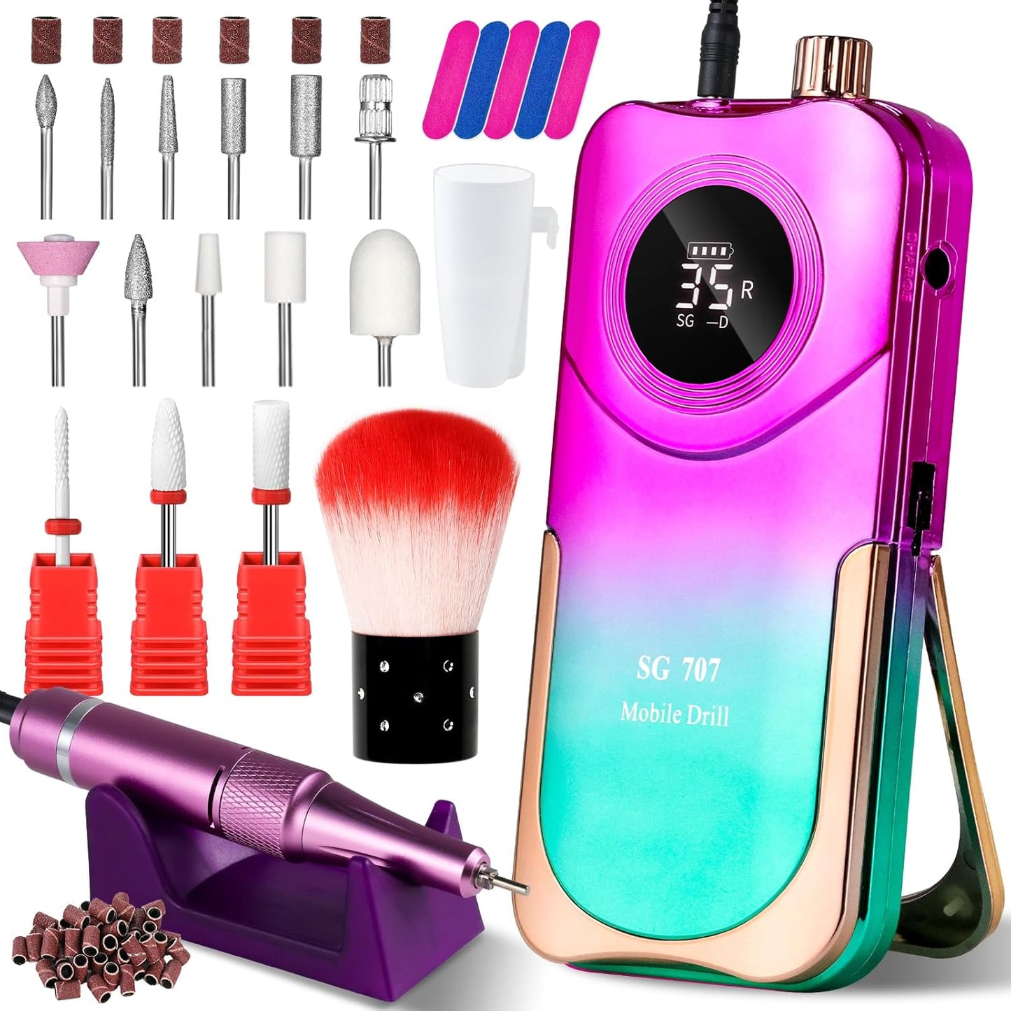 Professional Electric Nail Drill Kit 35000RPM with 14PCS Bits Purple Green Portable Rechargeable Cordless File Machine for Acrylic Gel Powder Nails and Manicure Pedicure Toenail Tool Salon Set