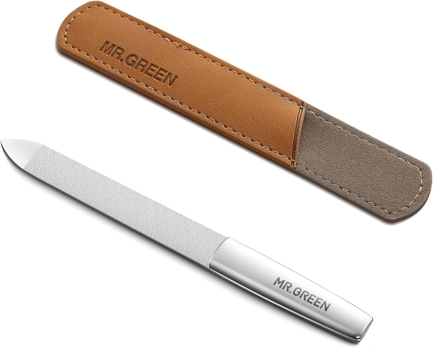 MR.GREEN Professional Double Sided Stainless Steel Nail File with Non-Slip Handle and Leather Case, Pointed Nail Buffering Files Washable