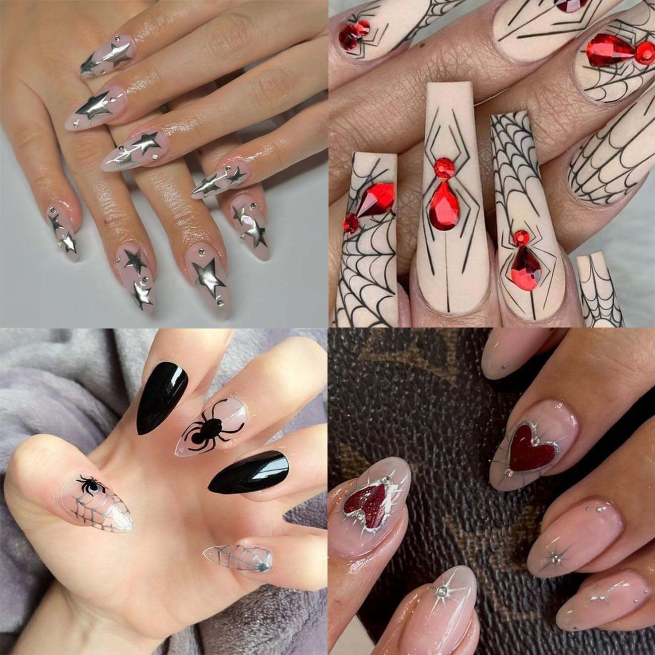 7 Sheets Halloween Nail Stickers 3D for Nail Art Glitter Heart Spider Web Flame Stars Punk Gothic Slider Manicure DIY Nail Art Decoration Accessories for Halloween Party