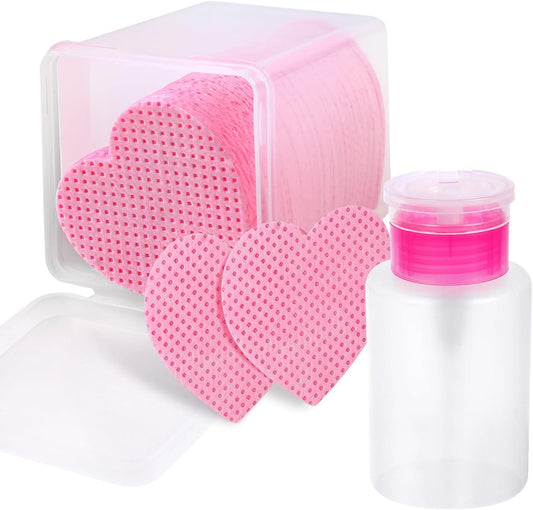 200 Pieces Nail Cotton Pads,1 Pull-Down Pump Dispenser Bottle, Super Absorbent Soft Non-Woven Eyelash Glue Wipes, Nail Polish dehumidifier for Eyelash Extension Products and Nail Oil Bottle (Pink)