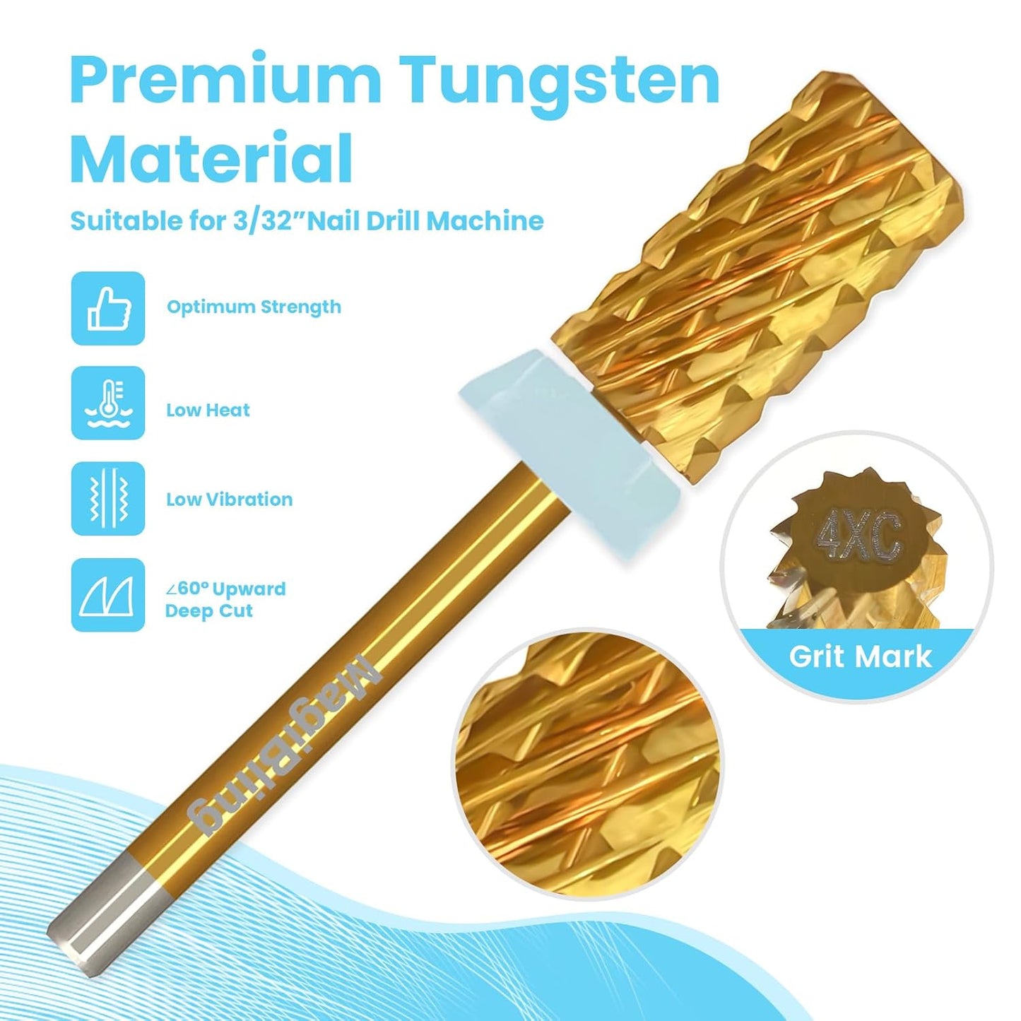 Super Cut Large Barrel Nail Drill Bits, 3/32'' Professional Tungsten Carbide Bits, Remove Hard and Soft Gel Fast, Right Hand Use, Manicure Pedicure Cuticle Gel Polishing, Gold Color, Quadruple Coarse.