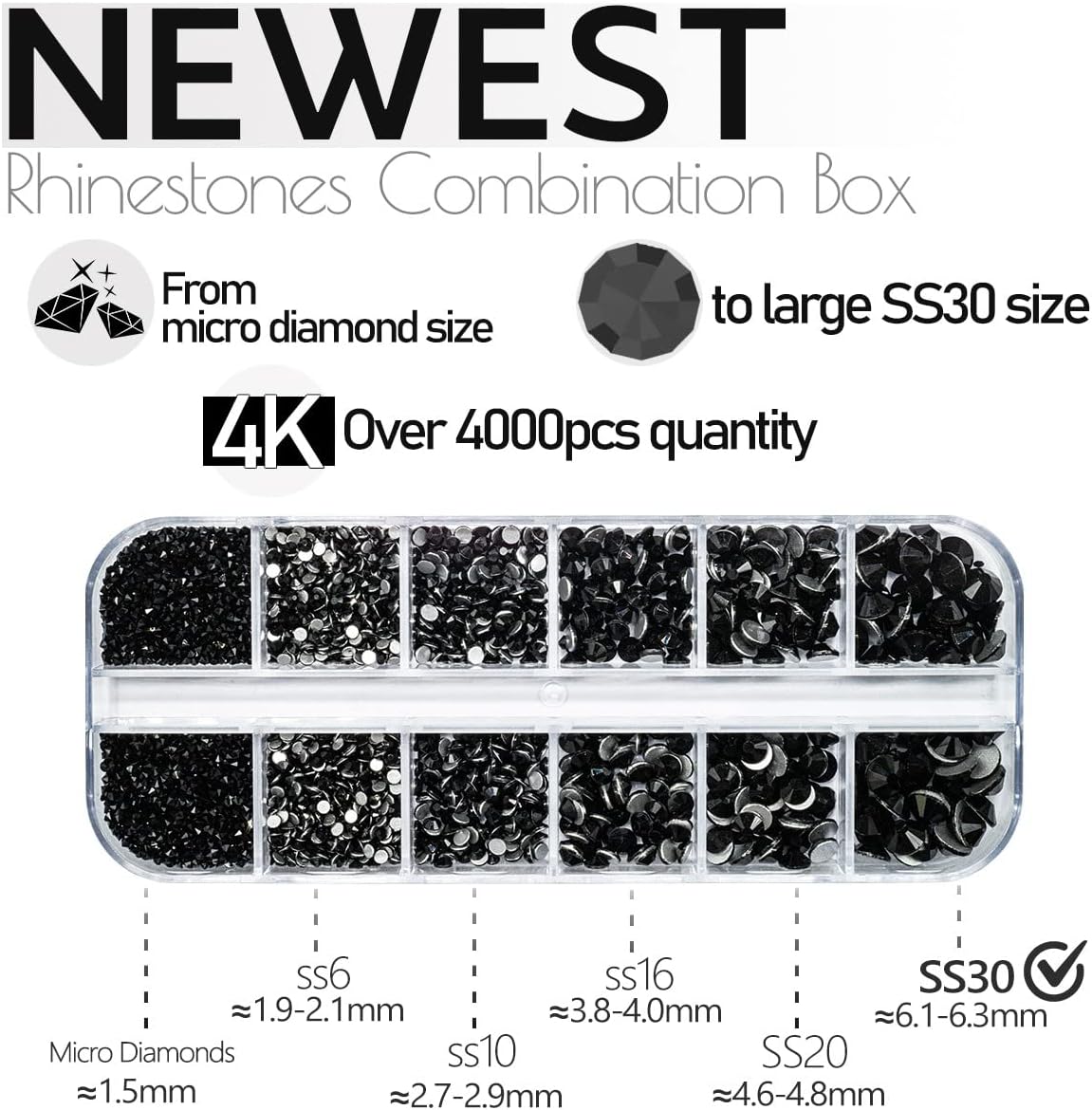 4010pcs Nail Art Rhinestones Black Flatback Rhinestones Nail Charms 6 Sizes (1.6-6.1 mm) Up to SS30 Glass Nail Stones Gems Jewels w Picking Pen, Tweezer for Manicure DIY Craft Eyes Face Makeup