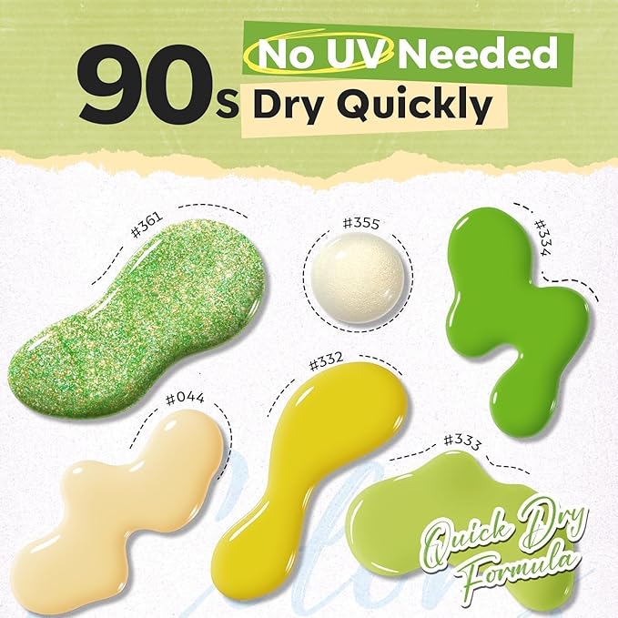 modelones Green Nail Polish, 6 Colors Yellow White Glitter Quick Dry Nail Polish Set Mini Finger Long Lasting Fast Drying Manicure DIY Nail Art Home Salon Gift For Women Girls