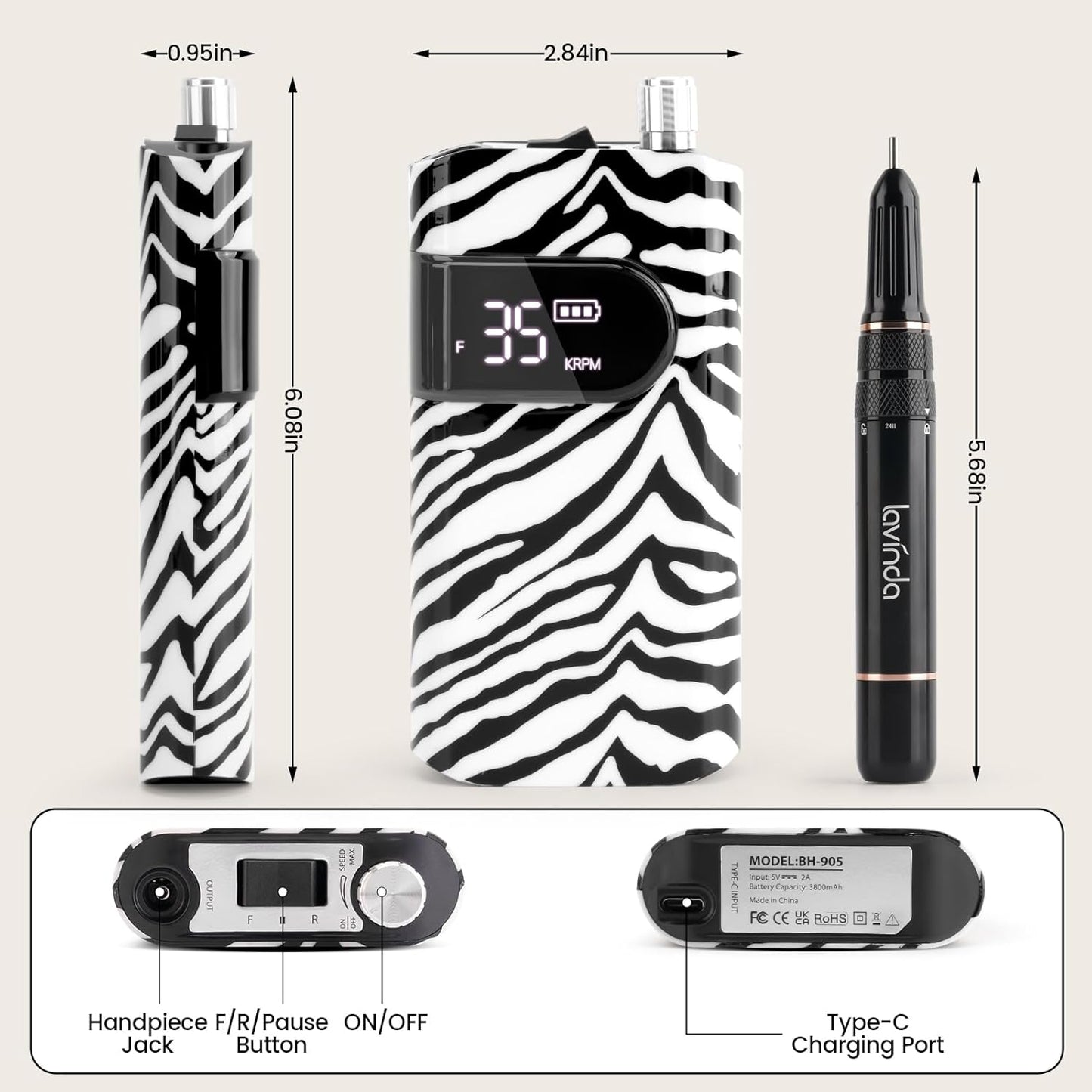 Lavinda 35000RPM Electric Nail Drill, Cordless Nail Drill Machine Portable Rechargeable Nail Efile for Acrylic Gel Nails, Manicure Pedicure Polishing Shaping Tool for Salon Home Use-Zebra Pattern