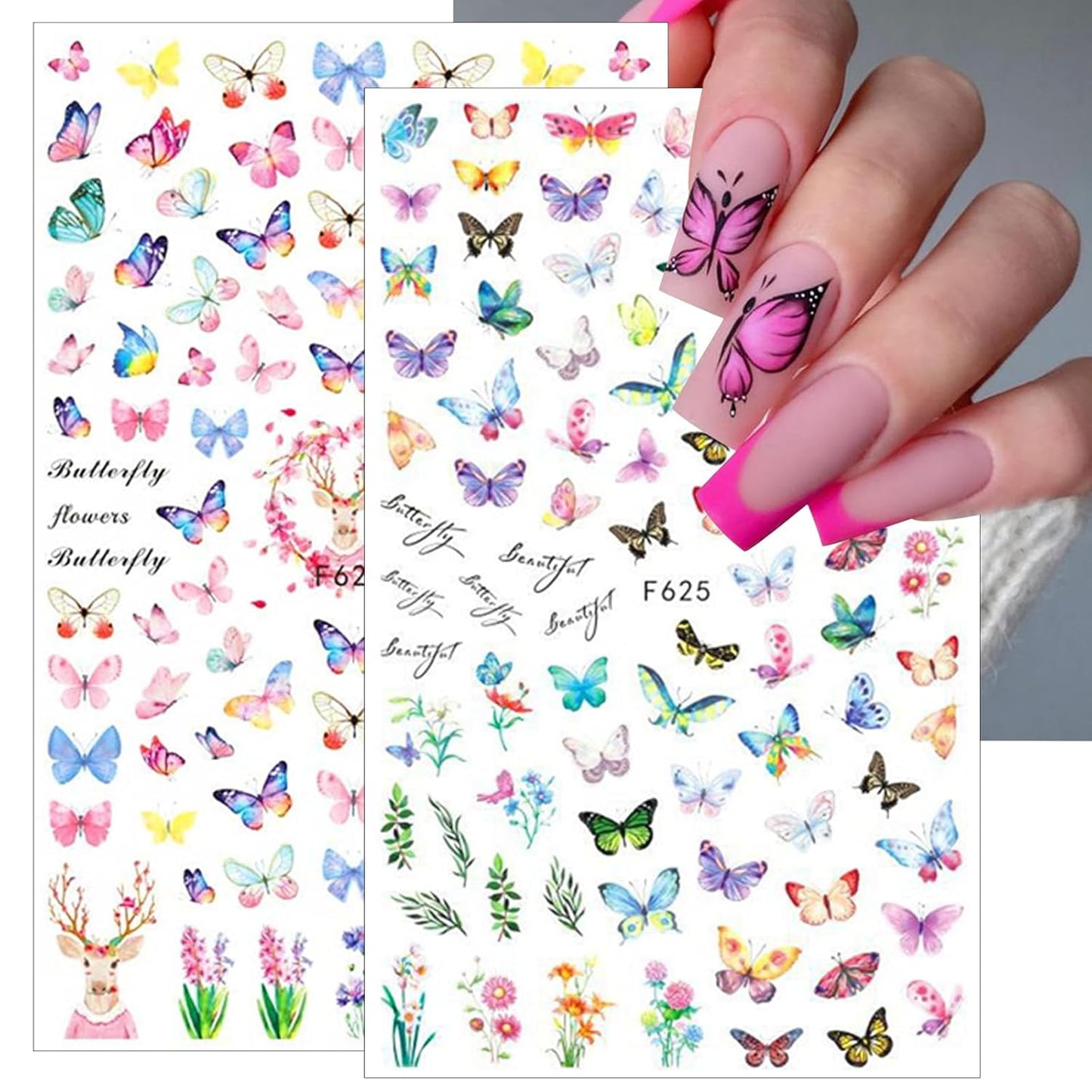 7 Sheets Butterfly Nail Art Sticker Decals Spring Summer 3D Self-Adhesive Nail Decals Colorful Floral Nail Supplies Pink Blue Purple Yellow Butterfly Nails Designs Supplies for Women Nail Decoration