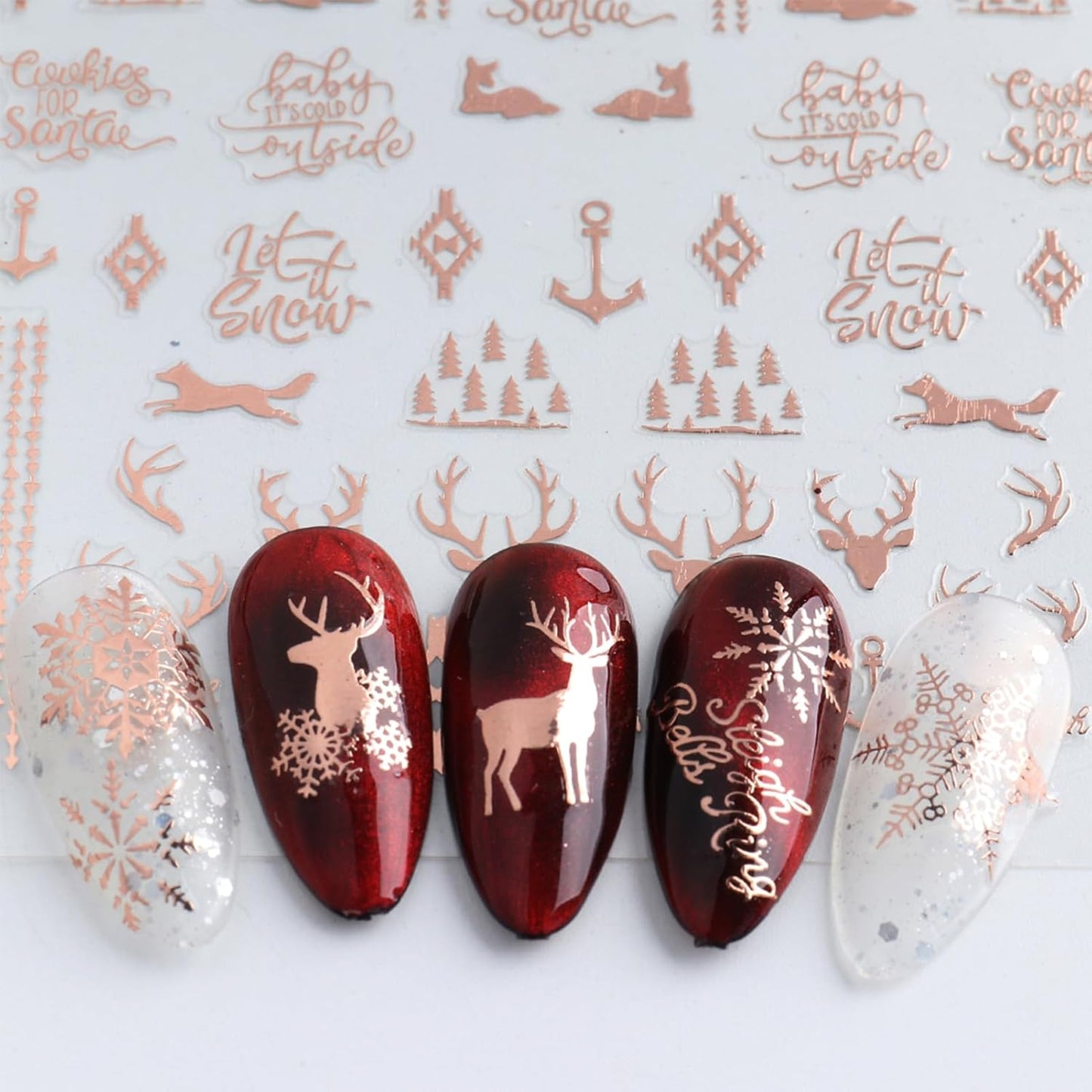 Christmas Nail Stickers, Rose Gold Self-Adhesive Nail Art Decals - 3D Snowflake Elk Design for DIY Manicure Winter Xmas Holiday DIY Nail Decorations (6 Sheets)