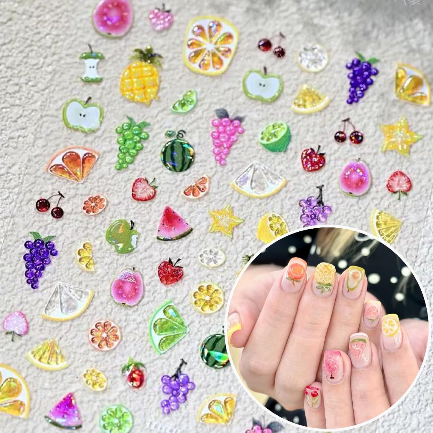 1 Sheets Summer Fruit Nail Art Stickers 5D Self-Adhesive Jelly Embossed Watermelon Grape Grapefruit Nail Decals Cute Pineapple Strawberry Cherry Nail Stickers for Women Girls Nails Decoration