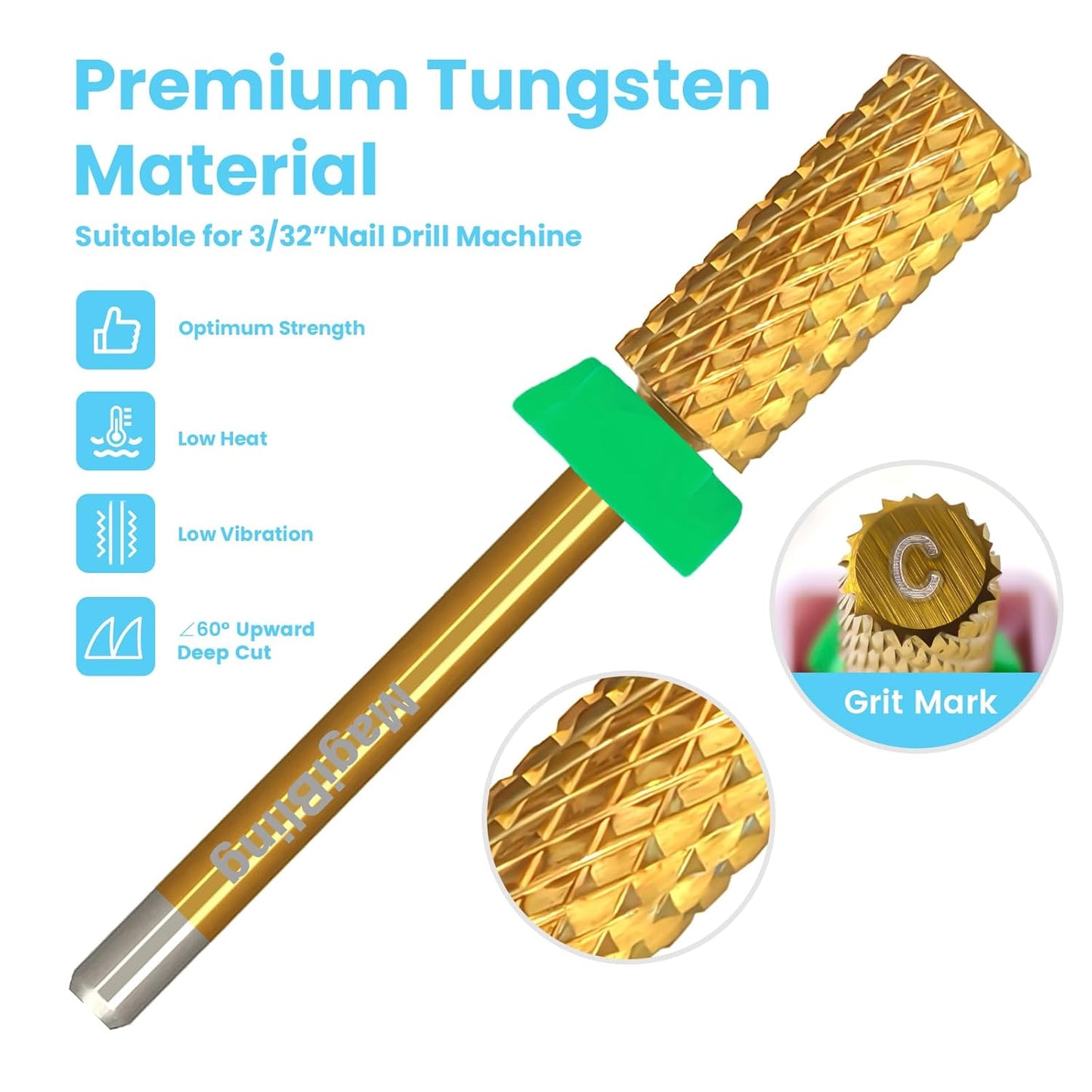 3/32'' Super Cut Nail Drill Bits for Fast Hard Gel Removal, MagiBling Tungsten Carbide Bits for Professional Users, Upward Deep Cut, Right Hand Use, Manicure Cuticle Gel Polishing, Coarse.