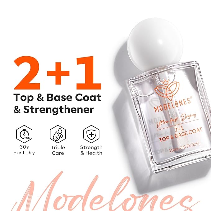 modelones 3-in-One Nail Polish Top Coat and Base Coat, Nail Strengthener, 15 Ml Clear Nail Polish Quick Dry Long Lasting Shine Chip Fade Resistant Nails Protect Care 2025 Gifts for Women