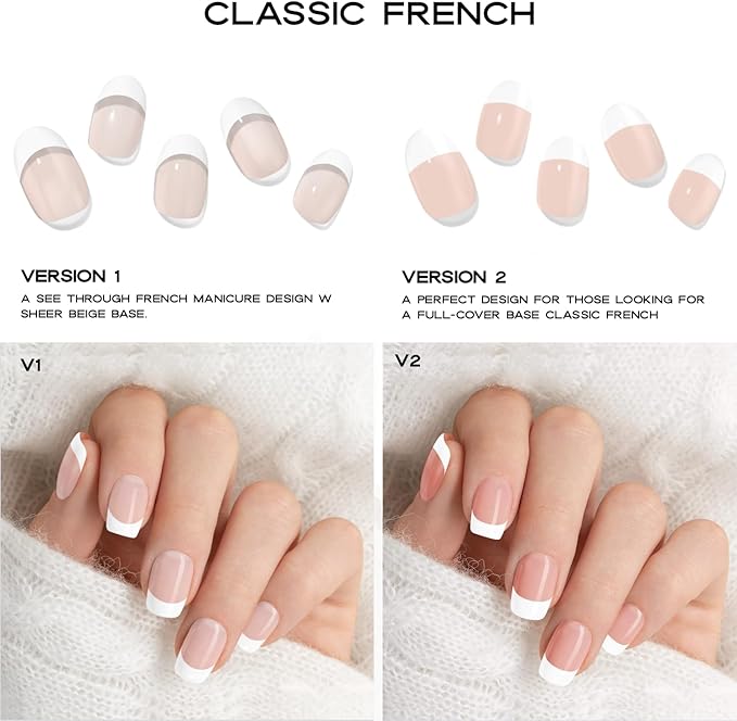Semi Cured Gel Nail Strips with 30 Pieces - Salon Quality Manicure Kit for Women Easy Application Wraps Includes Prep Pads Nail File Wooden Stick, UV Light Required (Classic French)