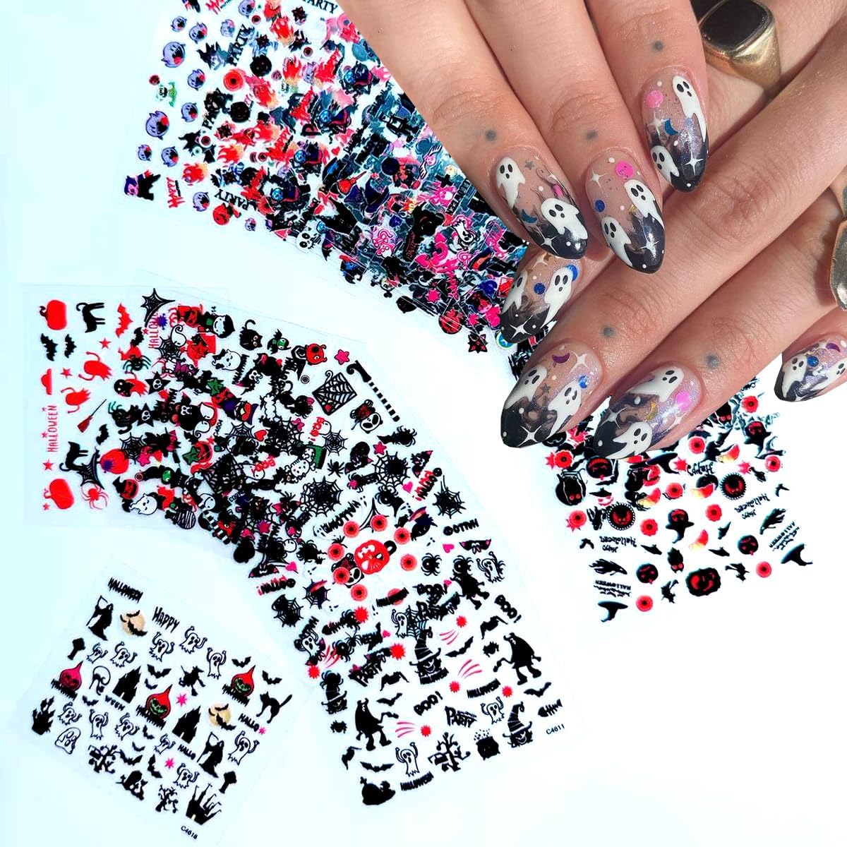 24Pcs/Set Small Halloween Nail Art Sticker, 3D Self-Adhesive Scary Ghost Skull Clown Witch Cat Pumpkin Spider Web Nail Stickers with Design Cute Halloween Nail Decals for Women