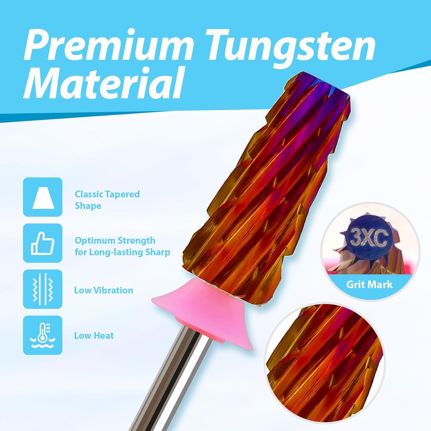 Professional Nail Drill Bits for New Artists, Cross Cut 3/32'' Safety Tungsten Carbide Tapered Bit, Remove Gel Fast, Left & Right Hand Use, Manicure Cuticle Soft Hard Gel Polishing, Triple Coarse.