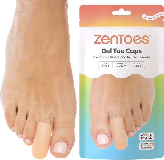 ZenToes 6 Pack Gel Toe Cap and Protector - Cushions and Protects to Provide Relief from Missing or Ingrown Toenails, Corns, Blisters, Hammer Toes (Small, Beige)