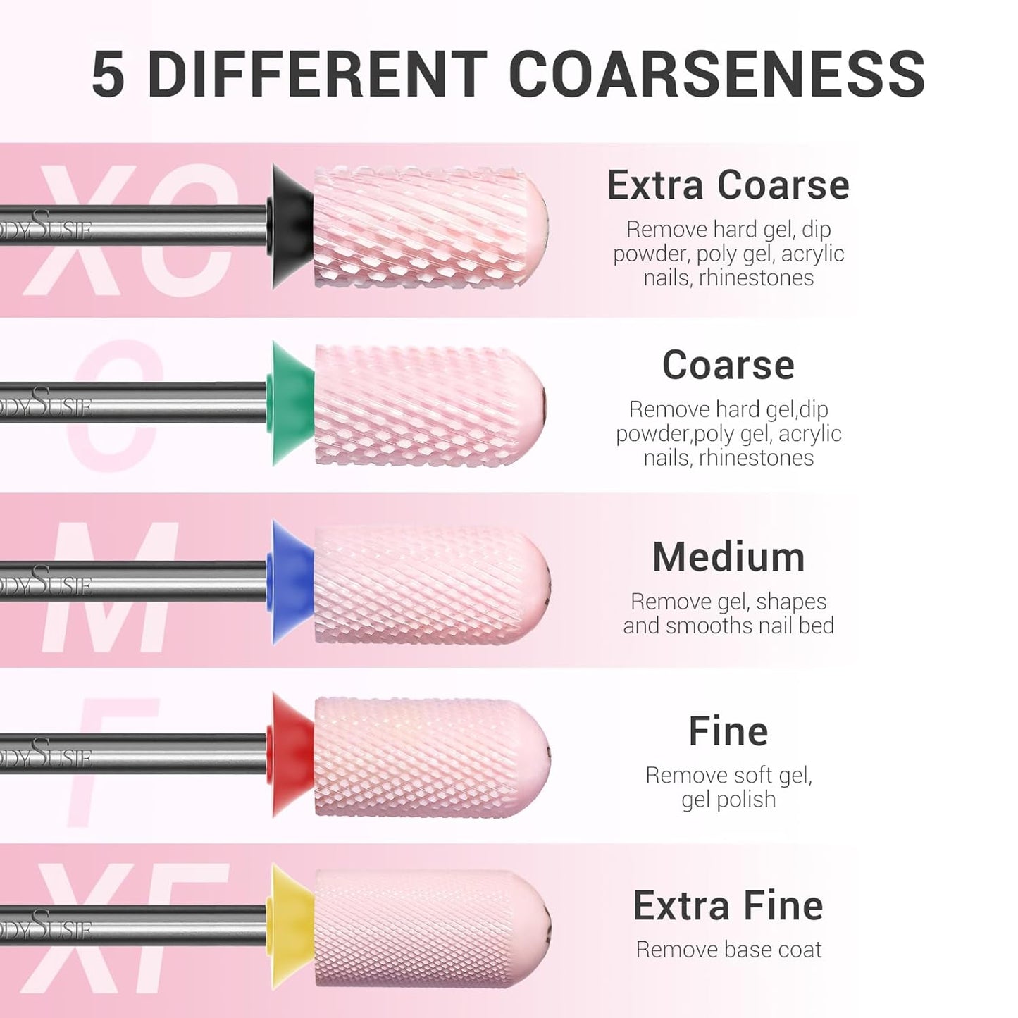 MelodySusie Ceramic Nail Drill Bit, 3/32'' Smooth Round Top Large Barrel Bits, Suitable for Manicure Pedicure Cuticle Gel Polishing, Beginners Bits, Pink, Series Bit-S, Extra Coarse