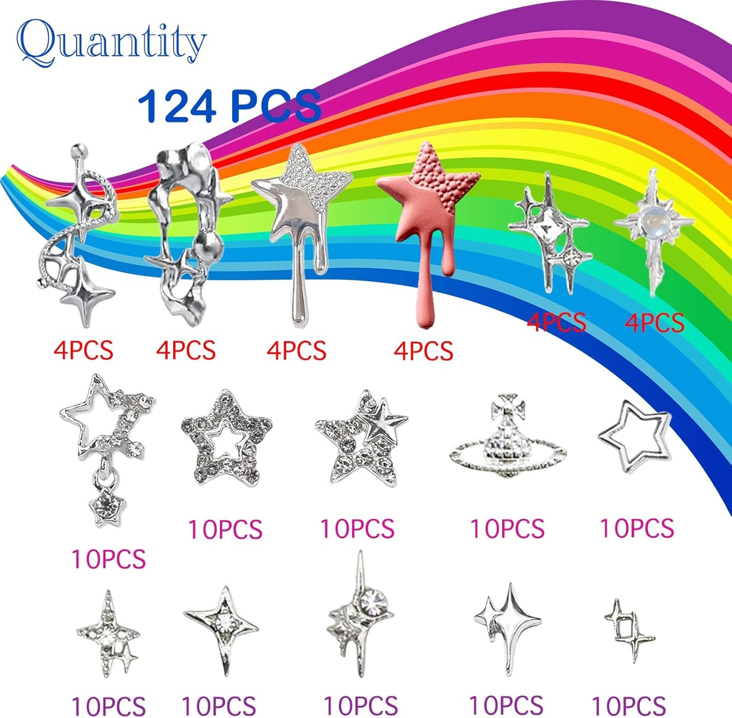 124PCS Star 3D Nail Charms for Acrylic Nails, Silver Nail Gems Alloy Starburst Nail Accessories, Nail Rhinestones for Nail Art Supplies Manicure Craft DIY