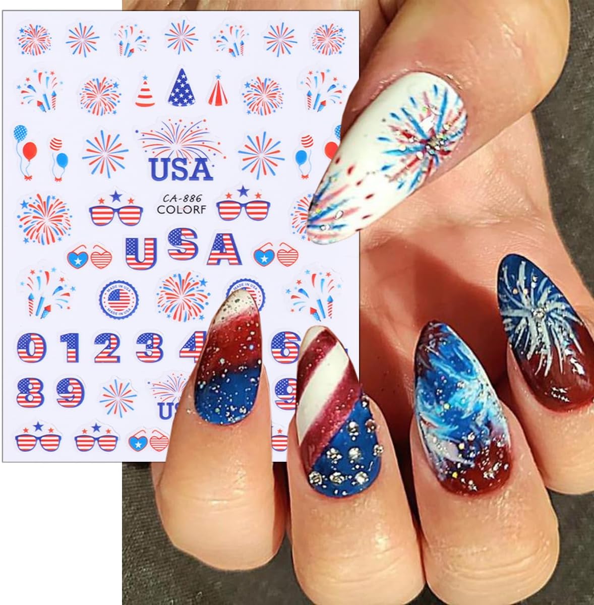 8 Sheets Independence Day Nail Stickers for Nail Art USA 4th of July Nail Decals 3D Self-Adhesive American Flag Patriotic Nail Decoration American Eagle Nail Art Stickers for Women Girls Nail Designs