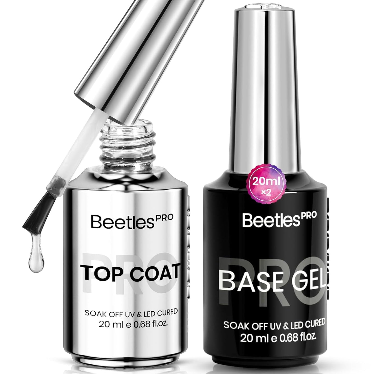 Beetles Pro Gel Top Coat and Base Gel Nail Polish, 20ml Upgraded Super Shine Finish and Long Lasting for 28 Days, Soak Off LED Nail Lamp Finish Nail Art Design Manicure for Salon
