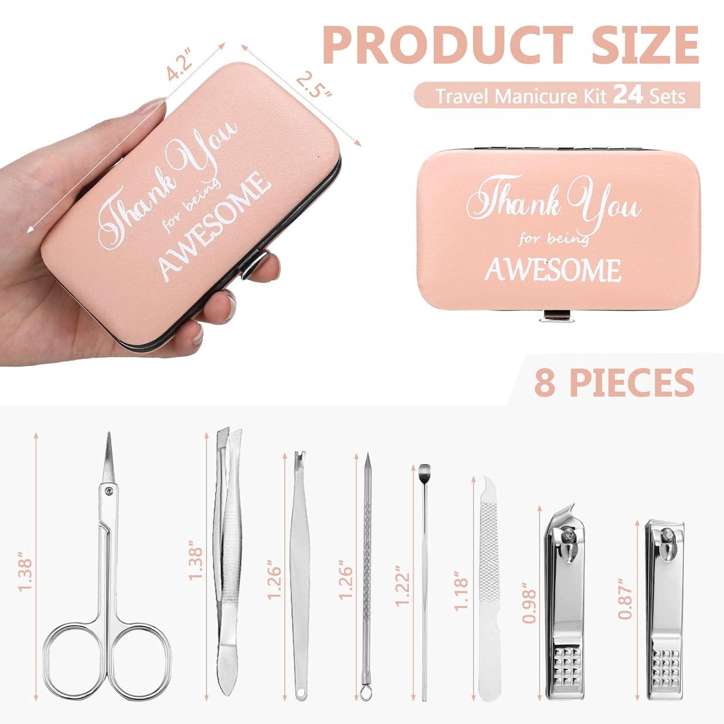 Therwen 24 Sets Manicure Set Nail Clippers 8 in 1 Stainless Steel Grooming Nail Kit Thank You Appreciation Gift Professional Pedicure Tool for Men Women Personal Care(Pink)