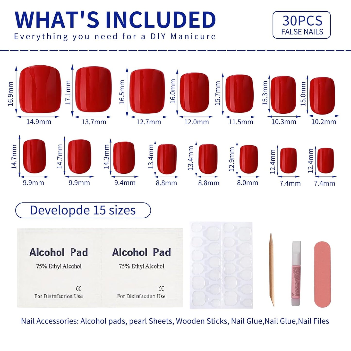 Red Press On Nails Short, Glossy Soft Gel Press On Nails Square with Nail Glue, 15 Sizes - 30 Fake Nails Kit, Thick Natural Reusable Glue On Nails for Women
