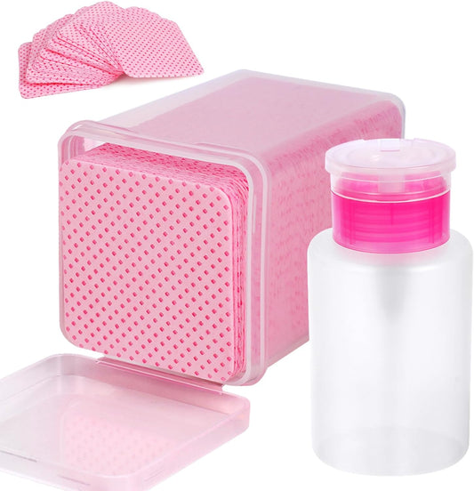 200 Pieces Nail Cotton Pads,1 Pull-Down Pump Dispenser Bottle, Super Absorbent Soft Non-Woven Eyelash Glue Wipes, Nail Polish dehumidifier for Eyelash Extension Products and Nail Oil Bottle (Pink)