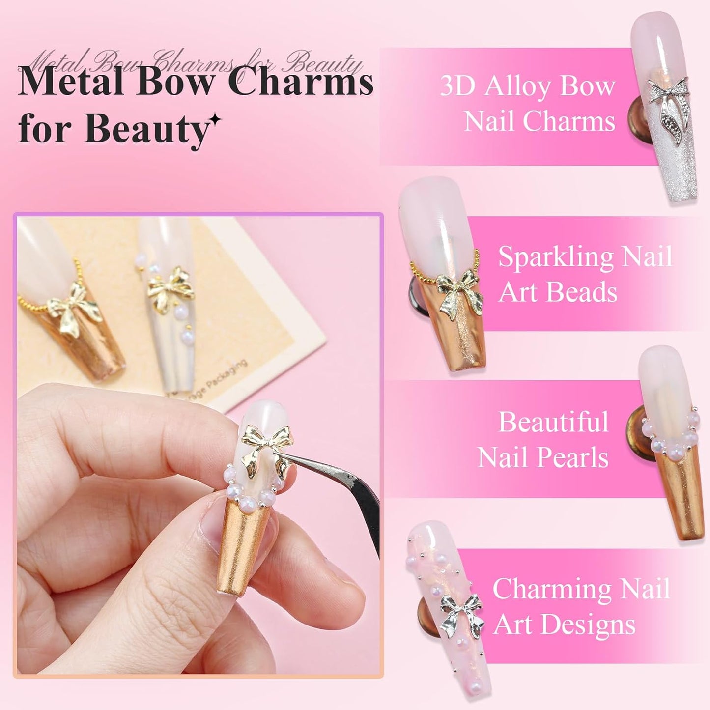 3D Metal Bowknot & AB Pearl and Mini Beads Nail Art Kit - Gold/Silver Alloy Bowknot, 1-2mm Stainless Steel Caviar Beads, 3mm Half Pearls for Professional Salon & DIY Manicure Jewelry Designs (Set 3)