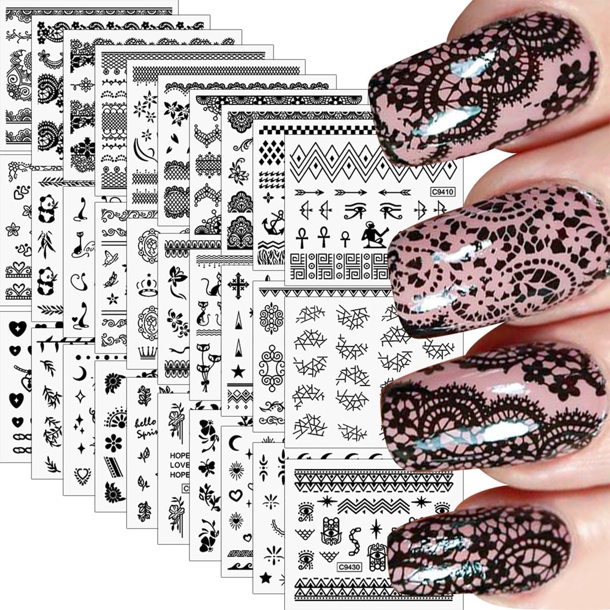 30 Sheets Black Nail Art Stickers 3D Self-Adhesive Black Lace Hollow Nail Decals 3D Black Retro Cat Flower Star Moon Heart Nail Stickers Nail Art Design for Women DIY Acrylic Nails Decoration