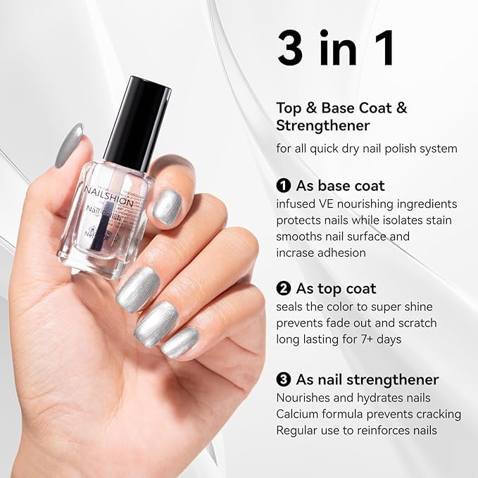 Metallic Silver Nail Polish with Base Top Coat, 3 IN 1 Nail Strengthener Quick Dry Clear Nail Polish Duo, Opaque, Non-Gel, Vegan, Liquid Silver Glossy Chrome Nails Art Gift for Women Girls