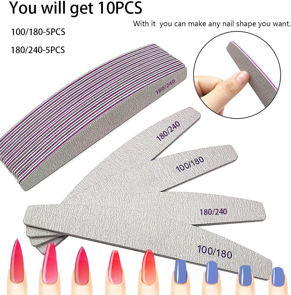10Pcs Nail File Professional WAFOLOZE Nail Files Reusable Double Sided Emery Boards(100/180&180/240 Grit) Nail Styling Tools for Home and Nail Files for Acrylic Nails Salon Use