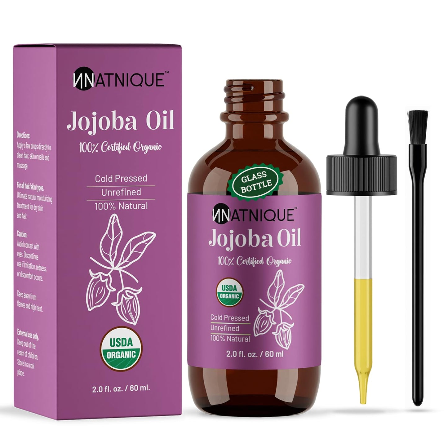 Natnique Organic Jojoba Oil 2oz – Nail Brush Included – USDA Certified, Cold Pressed, Unrefined & Hexane-Free – Pure Moisturizer for Hair, Face, Skin, Beard, Scalp, Nails & Cuticles – Natural Care