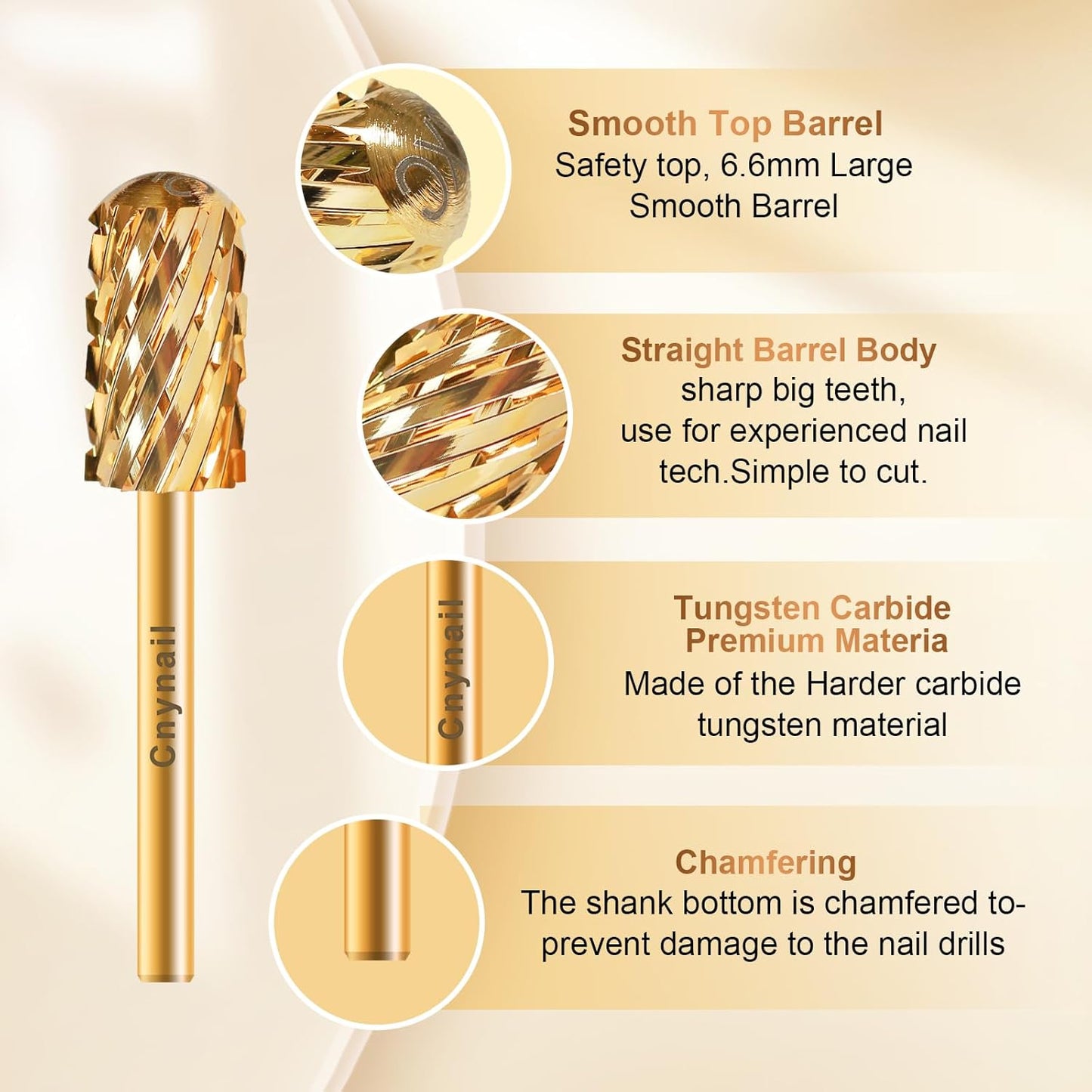 3/32" Large Barrel Smooth Round Top Tungsten Carbide Nail Drill Bit Safety Bit for Gel & Acrylic Removal, 2-Way Rotating Efile Tip, Salon Electric File Accessory (3XC Grit, Gold)
