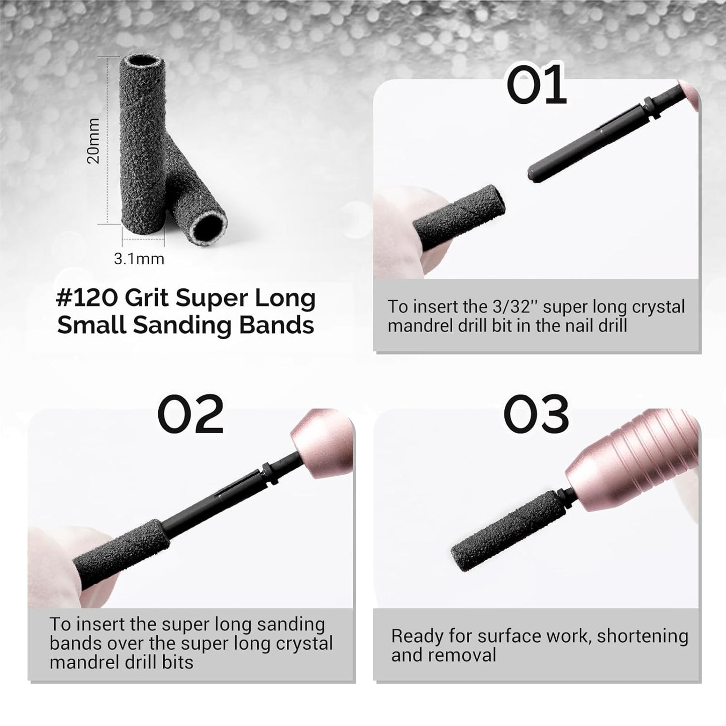 MelodySusie 50 Pcs Nail Drill Bits Super Long Small Sanding Bands with 3.1mm Crystal Mandrel Bit, 120 Medium Grit Nail File for Acrylic Nails Gel Manicures and Pedicure, Black