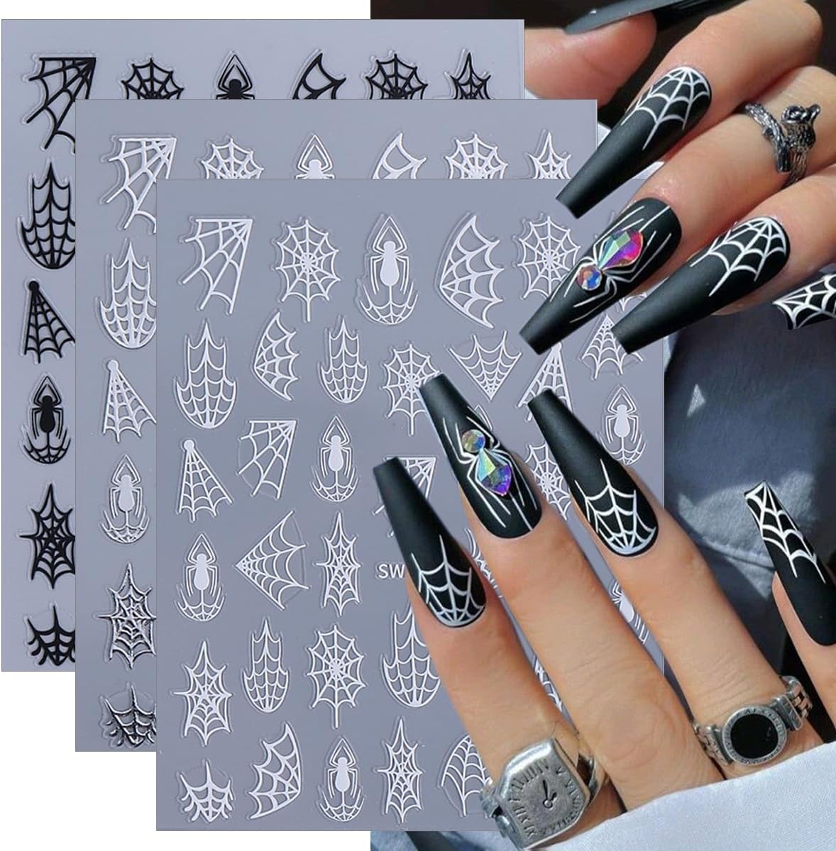 5 Sheets Halloween Nail Art Stickers Decals 3D Self-Adhesive Spider Web Nail Decals Black White Gold Silver Laser Spider Web Nails Stickers Gothic Nails Supplies for Women Halloween Party Nails Decor