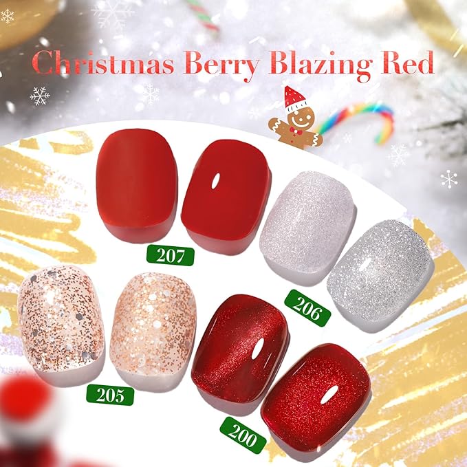 AZUREBEAUTY Red Christmas Nail Polish Set Quick Dry Silver Glitter Cat Eye 4 Colors Natural Fingernail with Top Coat DIY Salon Home no Gel Women Gifts