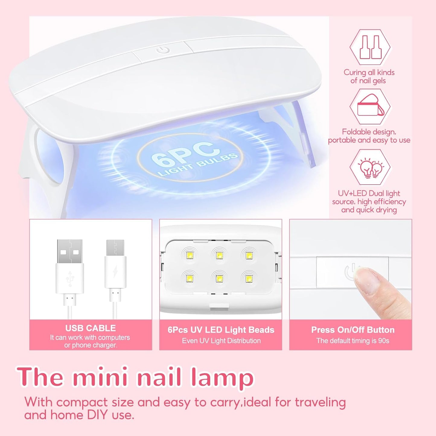 PEACECOLOR Gel Nail Polish Kit with U V Light, 6 Colors White Nude Pink Jelly Sliver Glitter Gel Polish Kit 50PCs False Tips Base Top Coat Nail Art Stickers Manicure Tools Salon DIY Home for Women