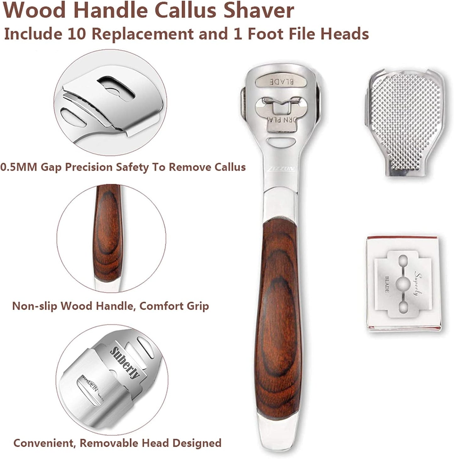 Colossal Foot Rasp & Wood Handle Callus Shaver (10 Replacement & 1 File Foot Heads), Pedicure Foot File Kit, Heel Scraper for Feet, Foot File Callus Remover