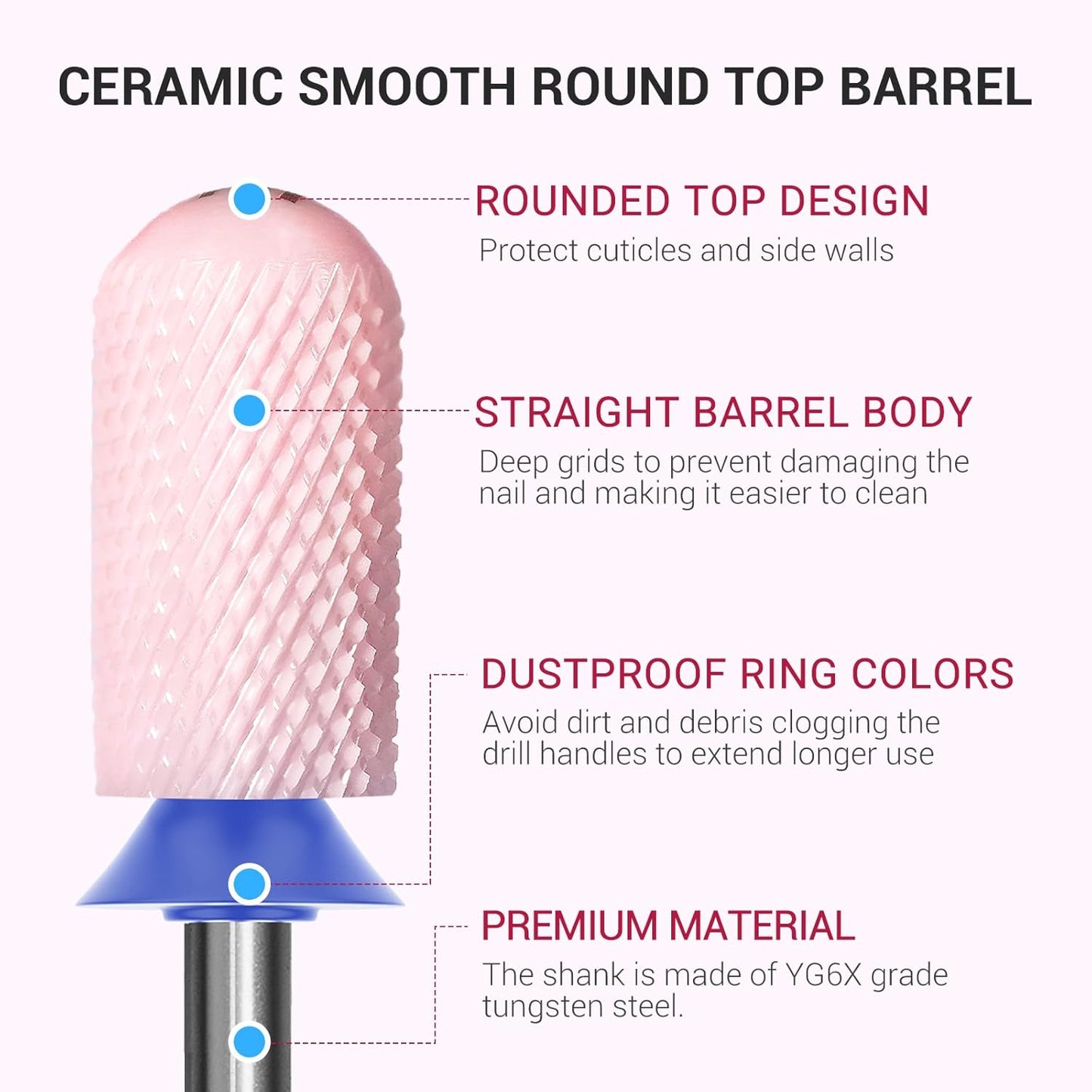 MelodySusie Ceramic Nail Drill Bit, 3/32'' Smooth Round Top Large Barrel Bits, Suitable for Manicure Pedicure Cuticle Gel Polishing, Beginners Bits, Pink, Series Bit-S, Medium