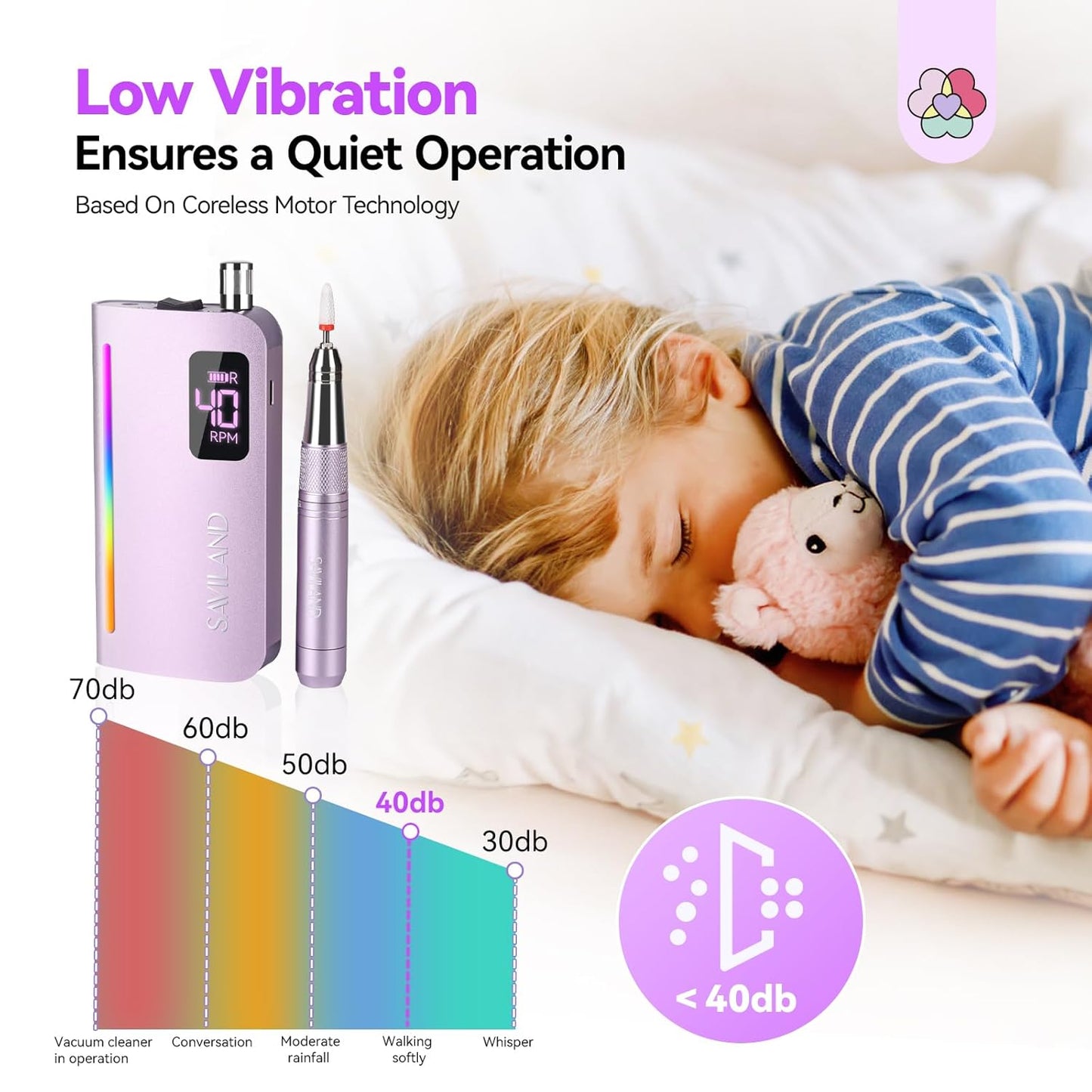 SAVILAND Advance Nail Drill Professional: 40000 RPM Powerful Torque Electric Nail File Low Vibration with Rainbow Light 15H Long Battery Life Coreless Motor Quiet for Quick Acrylic Removal PRO Salon