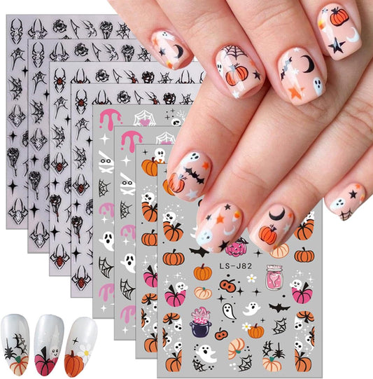 8 Sheets Halloween Nail Stickers Black Red Silver Spider Web Nails Art Stickers Decals 3D Self-Adhesive Cute Ghost Pumpkin Spider Skeleton Nail Decals for Women DIY Manicure Party Nails Decorations