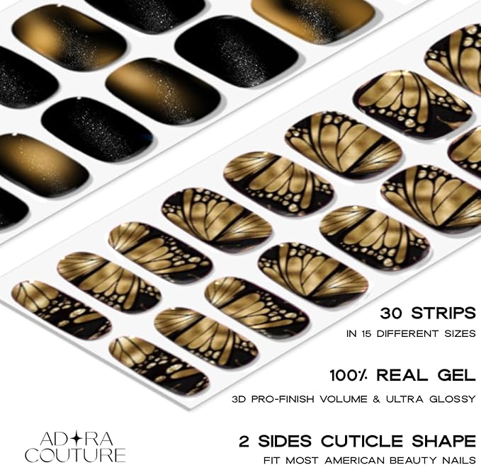 Semi Cured Gel Nail Strips with 30 Pieces - UV Gel Stickers, Manicure Kit, Easy Application Wraps Includes Prep Pads, Nail File, Wooden Stick - UV Light Required (Golden Flutter)
