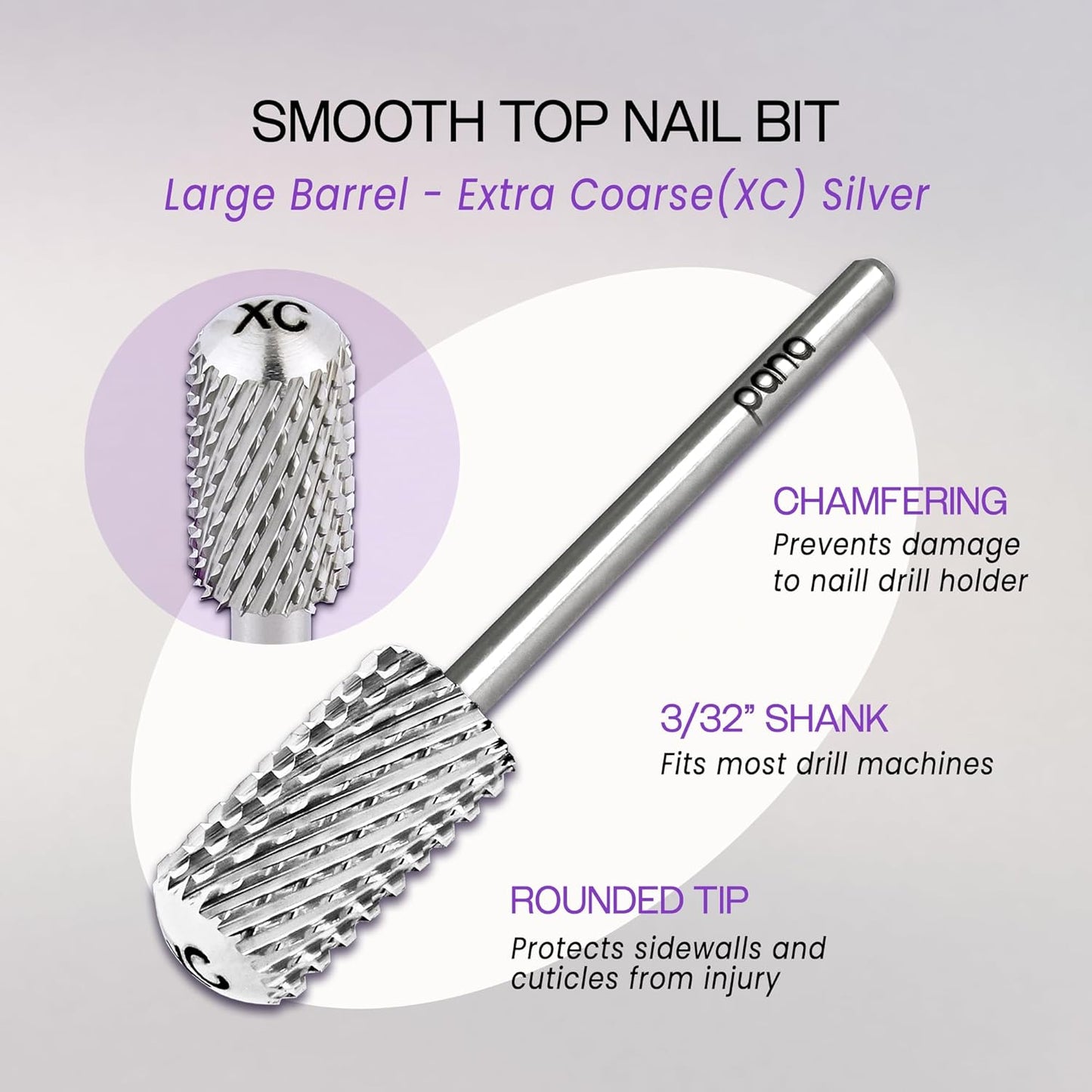 PANA 3/32" Large Smooth Round Top Safety Carbide Nail Drill Bit for Gel Polish & Acrylic Removal Nail Salon Manicure Pedicure Electric File Tools (Large Barrel - Silver, Extra Coarse)