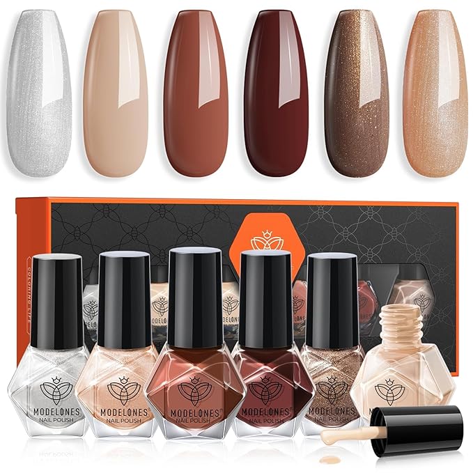modelones Brown Nail Polish Set 6 Colors, Fall Winter Nude Silver Glitter Nail Polish Skin Tone Collection Quick Dry Mini Manicure DIY Nail Art Salon Home Gifts For Women Girl