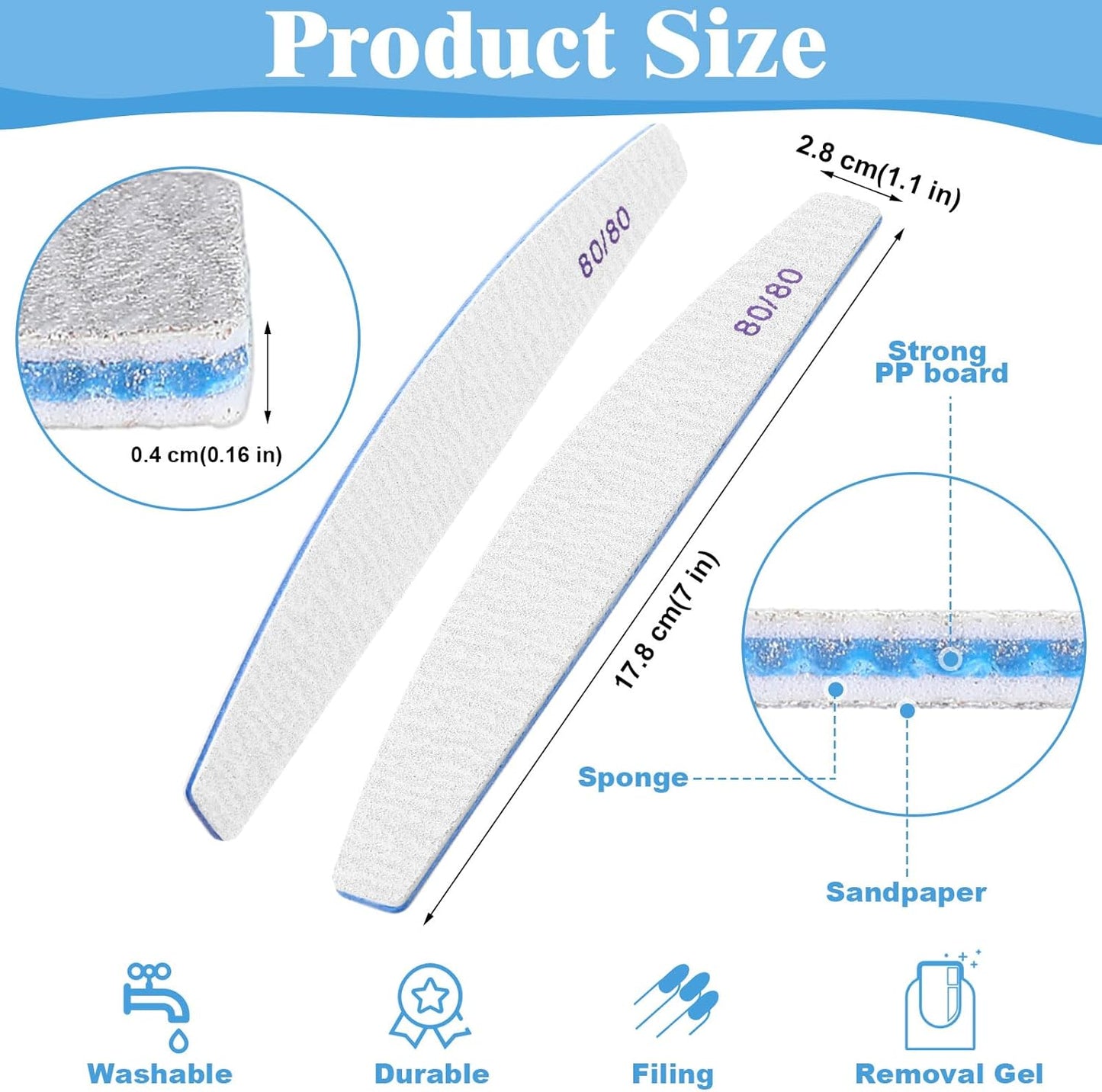 200 Pcs 80/80 Grit Nail Files, Reusable Nail File Double Sided Emery Boards for Acrylic and Gel Nails, Professional Fingernail File Manicure Tools for Salon Pedicure Beauty (Sector)