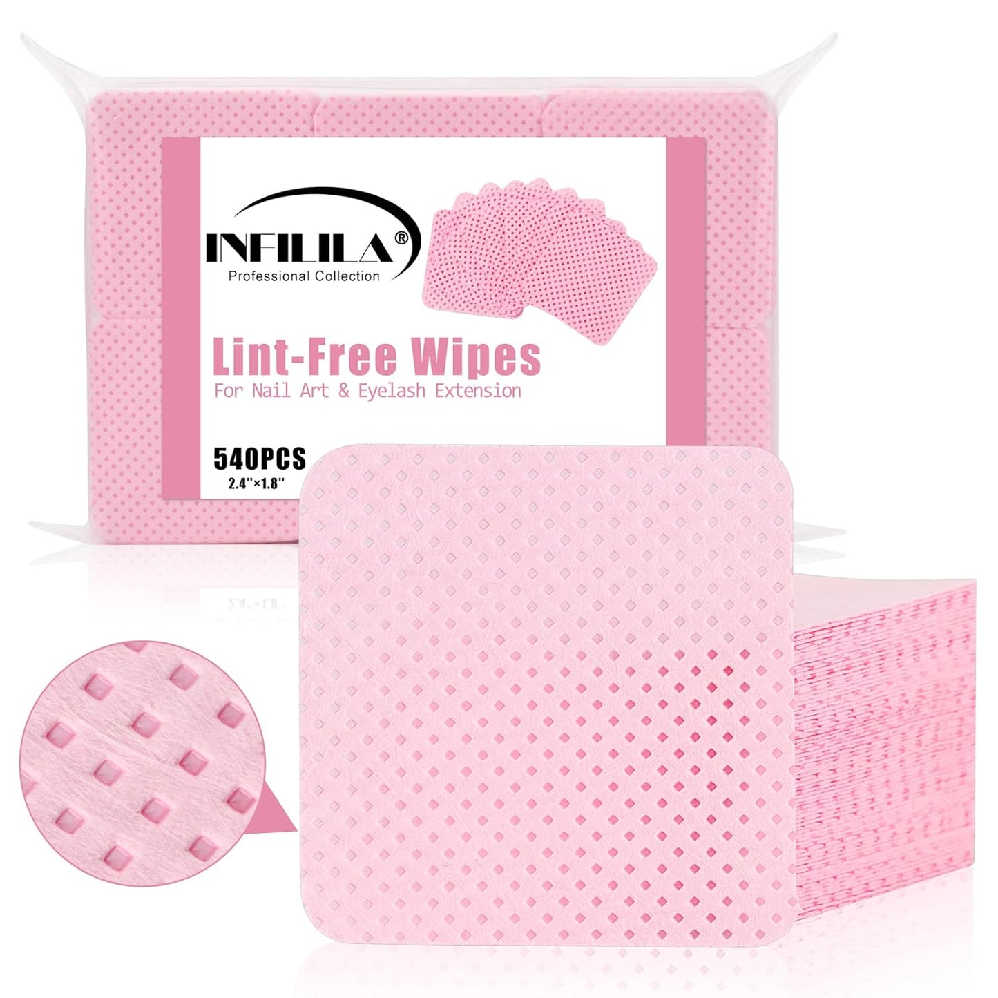 NXJ INFILILA Lint Free Nail Wipes, 540PCS Non-Woven Fabric Dry Nail Prep Wipes, Absorbent Acetone Nail Polish Remover Lash Extensions Glue Nail Cleaning Pads for Salon Supplies(Pink)