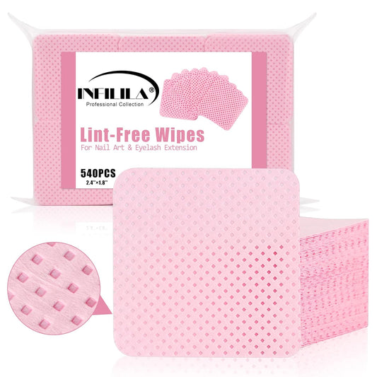 NXJ INFILILA Lint Free Nail Wipes, 540PCS Non-Woven Fabric Dry Nail Prep Wipes, Absorbent Acetone Nail Polish Remover Lash Extensions Glue Nail Cleaning Pads for Salon Supplies(Pink)
