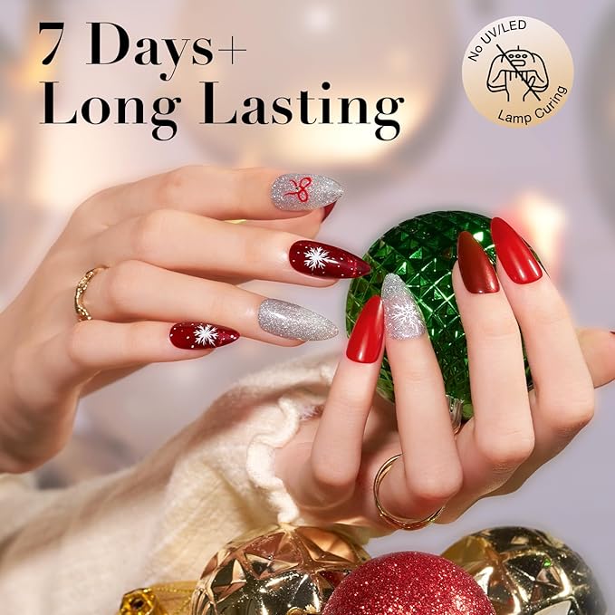 AZUREBEAUTY Red Christmas Nail Polish Set Quick Dry Silver Glitter Cat Eye 4 Colors Natural Fingernail with Top Coat DIY Salon Home no Gel Women Gifts